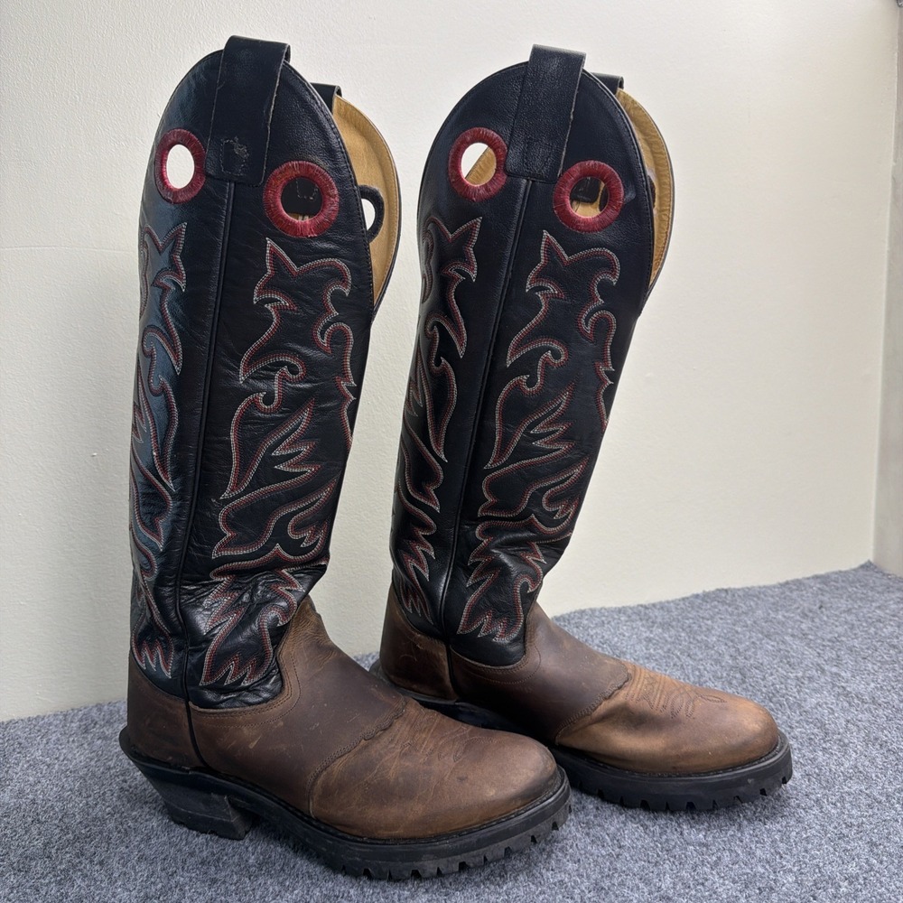 Old West Men's Western Cowboy Boots 8.5 D Brown Black Red Stitch Lug Sole Ranch